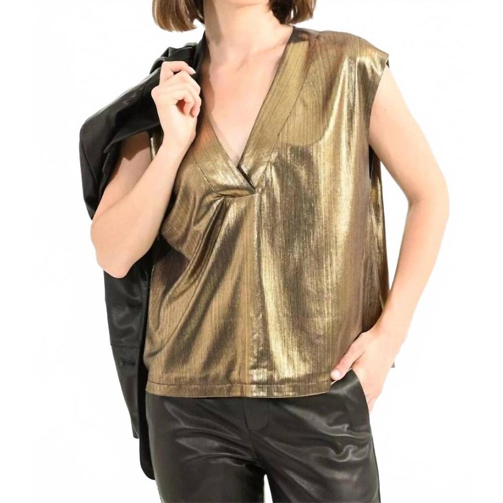NEW MOLLY BRACKEN v-neck iridescent knit top in gold